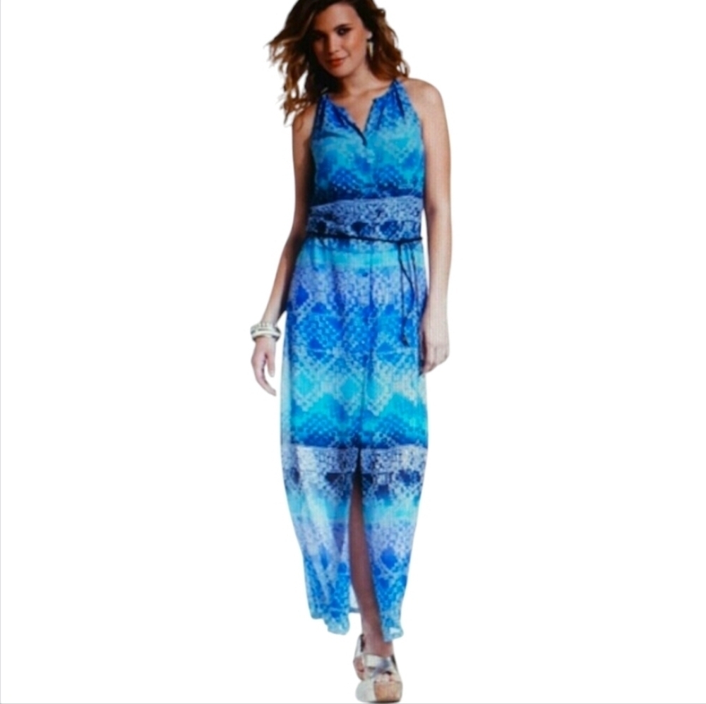 Jessica Simpson Blue Geometric Print Halter Maxi Dress Womens Size Small